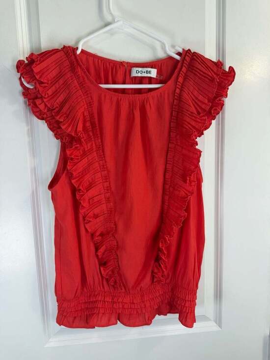 DO+BE Tops - DO+BE Red Pleated Ruffle Trim Sleeveless Smocked Hem Blouse
